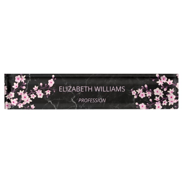 Floral Cherry Blossoms Pink Black Marble Nameplate (Front)