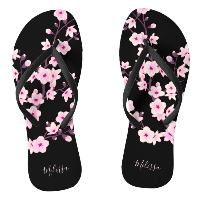Floral Cherry Blossoms Pink Black Monogram Thongs (Footbed)