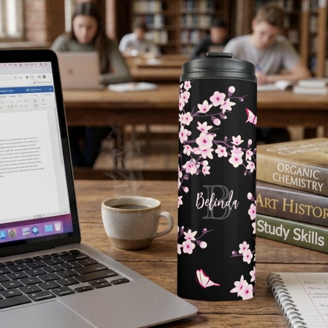 Floral Cherry Blossoms Pink Black Name Monogram   Thermal Tumbler (Creator Uploaded)