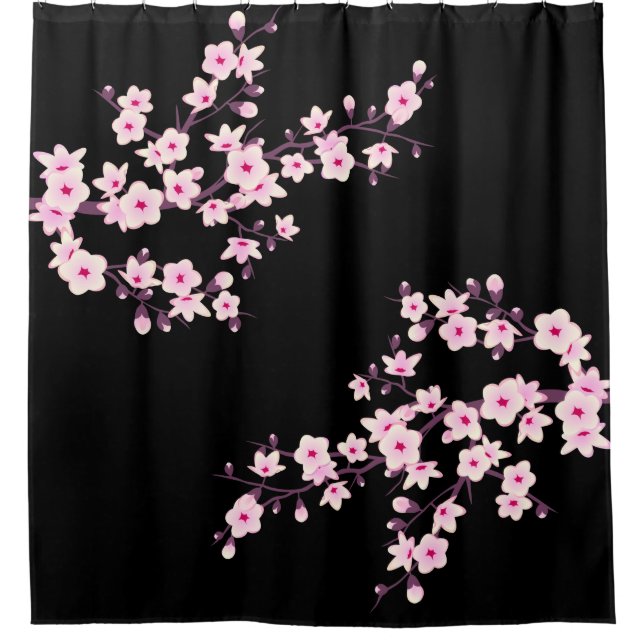 Floral Cherry Blossoms PINK Black Shower Curtain (Front)