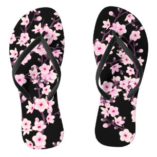 Floral Cherry Blossoms Pink Black Thongs