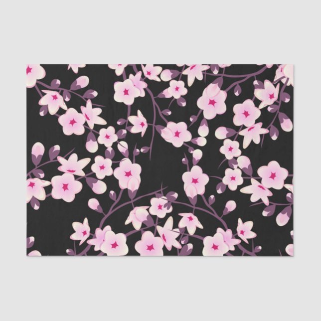 Floral Cherry Blossoms Pink Black Tissue Paper (Front)