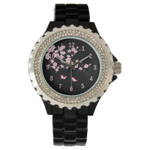 Floral Cherry Blossoms Pink Black Watch