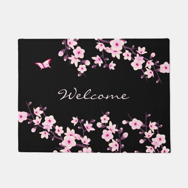 Floral Cherry Blossoms Pink Black Welcome Doormat (Front)