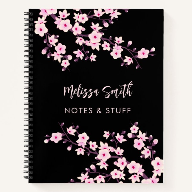 Floral Cherry Blossoms Pink Black Your Name Notebook (Front)