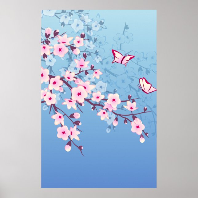 Floral Cherry Blossoms Pink Blue Poster (Front)