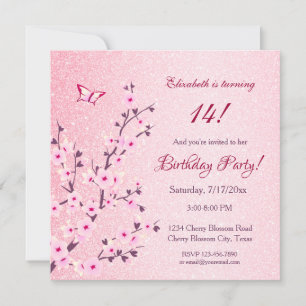 Floral Cherry Blossoms Pink Glitter Birthday  Invitation