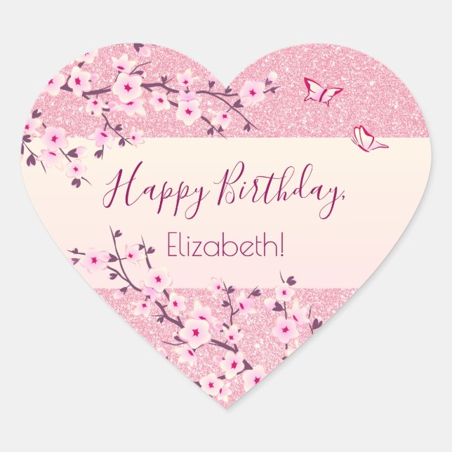 Floral Cherry Blossoms Pink Glitter Heart Sticker (Front)