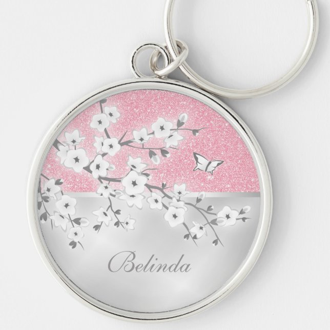 Floral Cherry Blossoms Pink Glitter Key Ring (Front)
