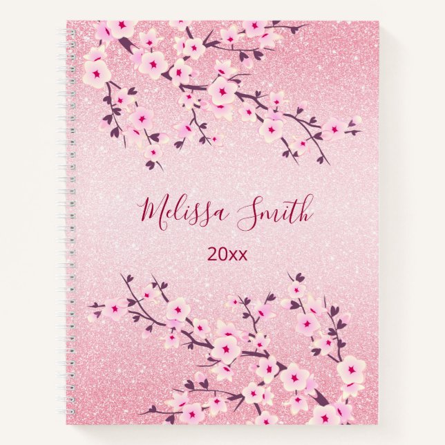 Floral Cherry Blossoms Pink Glitter Notebook (Front)