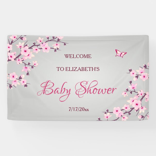 Floral Cherry Blossoms Pink Grey Baby Shower Banner (Horizontal)
