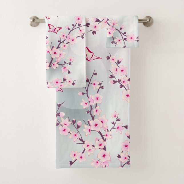Floral Cherry Blossoms Pink Grey Bath Towel Set (Insitu)