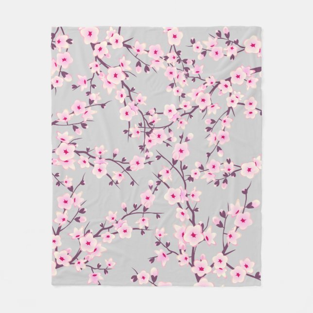 Floral Cherry Blossoms Pink Grey Fleece Blanket (Front)