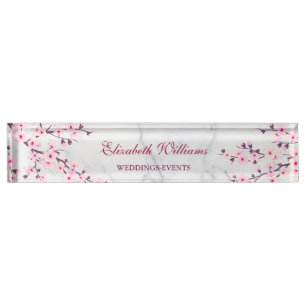 Floral Cherry Blossoms Pink Grey Marble Nameplate