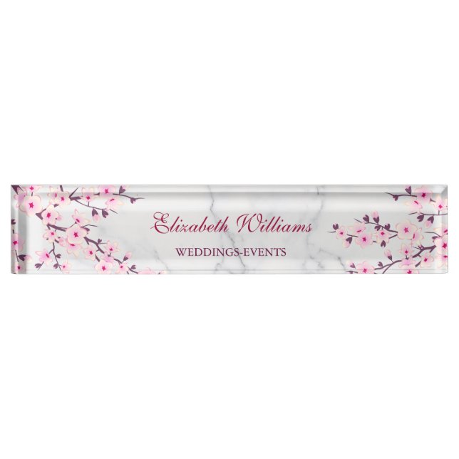 Floral Cherry Blossoms Pink Grey Marble Nameplate (Front)