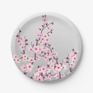 Floral Cherry Blossoms Pink Grey Paper Plate