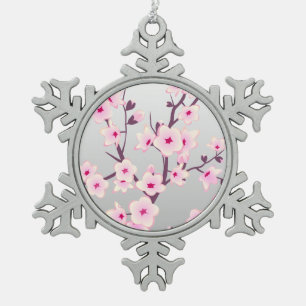 Floral Cherry Blossoms Pink Grey Snowflake Pewter Christmas Ornament
