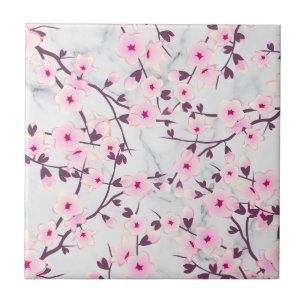Floral Cherry Blossoms Pink Light Grey Marble Ceramic Tile