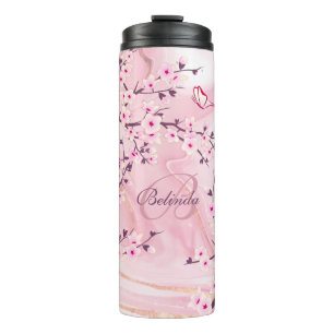Floral Cherry Blossoms Pink Marble Name Monogram  Thermal Tumbler