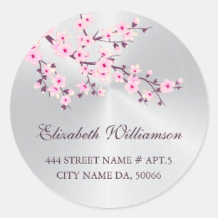 Floral Cherry Blossoms Pink Silver Classic Round Sticker