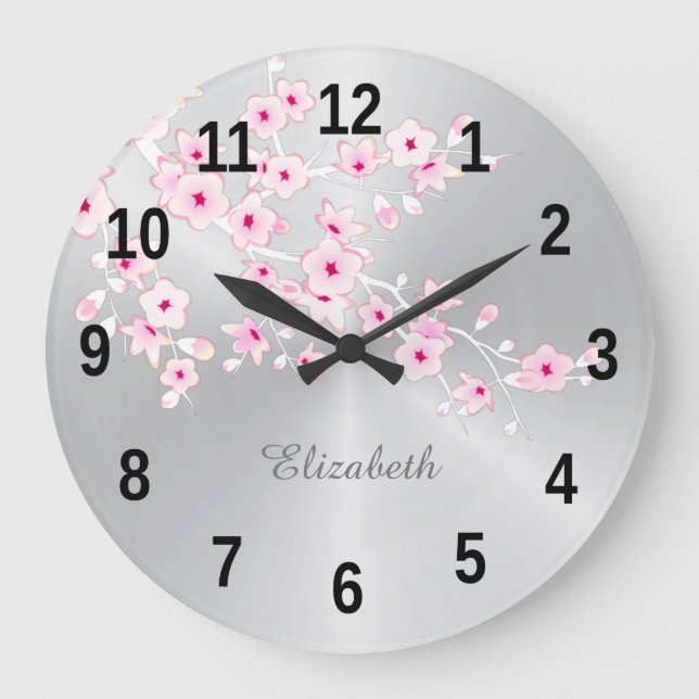 Floral Cherry Blossoms Pink Silver Girls Room Name Large Clock (Front)