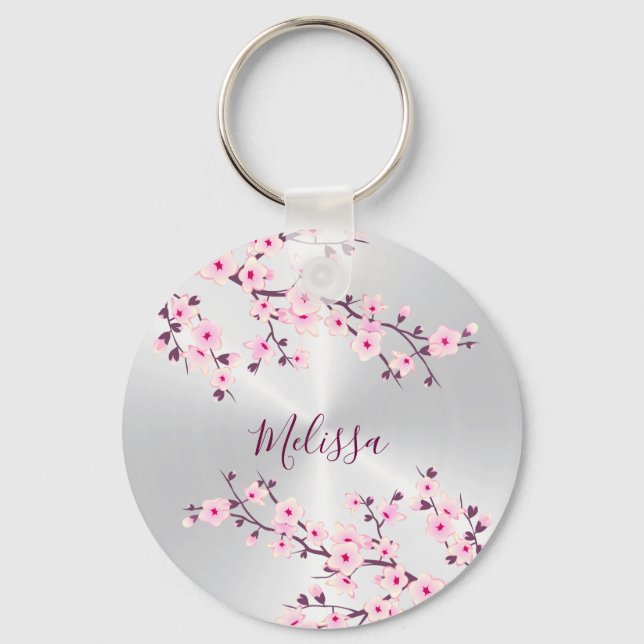 Floral Cherry Blossoms Pink Silver  Key Ring (Front)