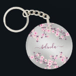 Floral Cherry Blossoms Pink Silver Monogram Key Ring<br><div class="desc">Pretty pink cherry blossoms on a silver background. Customize this feminine keychain with your name!</div>