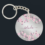 Floral Cherry Blossoms Pink Silver Monogram Key Ring<br><div class="desc">Pretty pink cherry blossoms on a silver background. Customize this feminine keychain with your name!</div>