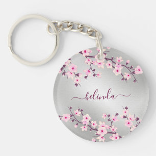 Floral Cherry Blossoms Pink Silver Monogram Key Ring