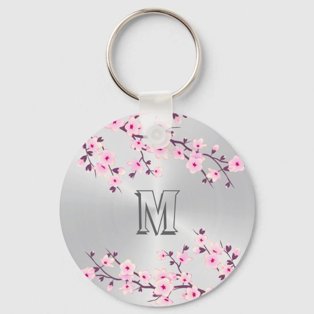 Floral Cherry Blossoms Pink Silver Monogram Key Ring (Front)