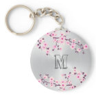 Floral Cherry Blossoms Pink Silver Monogram