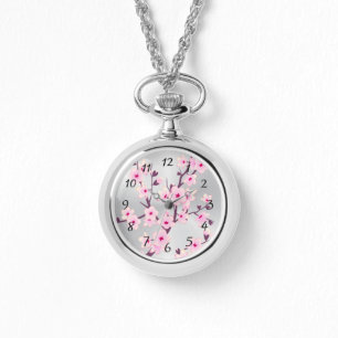 Floral Cherry Blossoms Pink Silver Numbers Watch