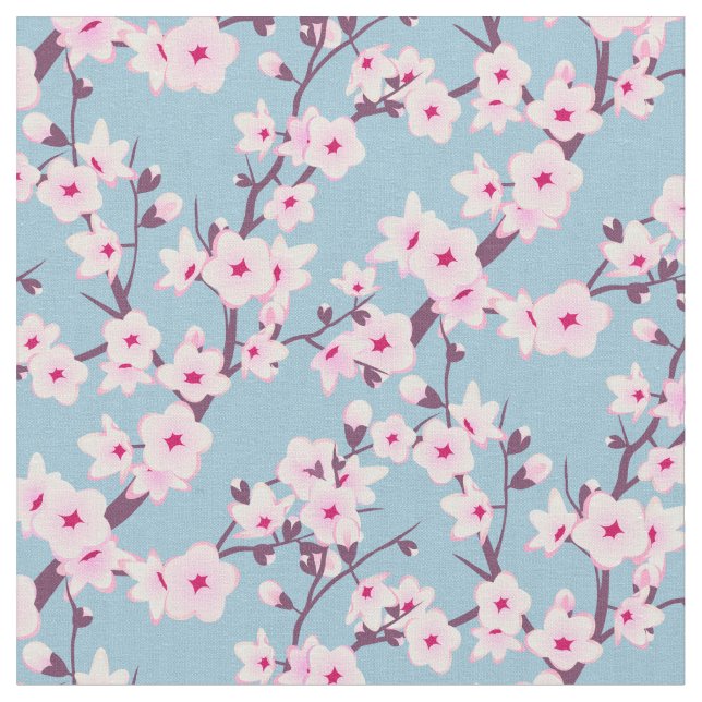Floral Cherry Blossoms Pink Sky Blue Fabric (Close Up)