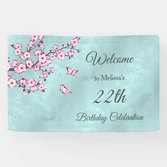 Floral Cherry Blossoms Pink Turquoise Banner (Horizontal)