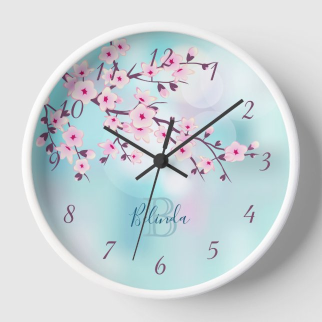 Floral Cherry Blossoms Pink Turquoise Monogram Clock (Front)