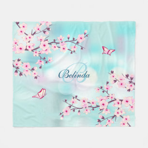 Floral Cherry Blossoms Pink Turquoise Monogram Fleece Blanket