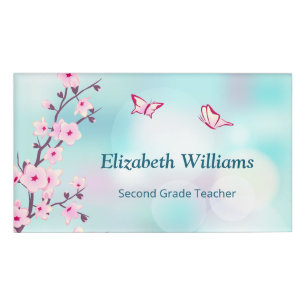 Floral Cherry Blossoms Pink Turquoise Teacher Name Tag