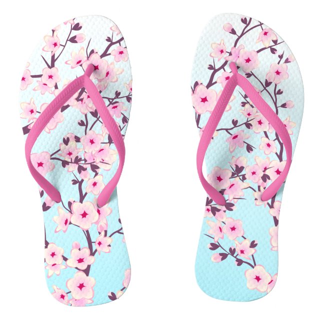 Floral Cherry Blossoms Pink Turquoise Thongs (Footbed)