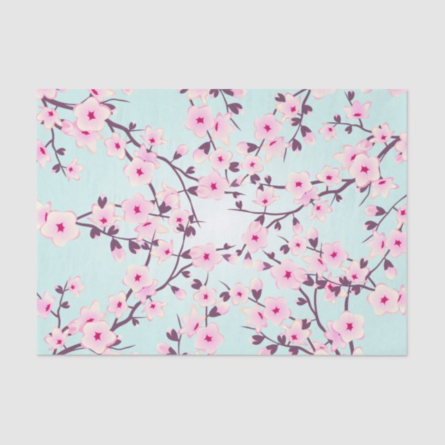 Floral Cherry Blossoms Pink Turquoise Tissue Paper (Front)