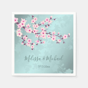 Floral Cherry Blossoms Pink Turquoise Wedding Napkin
