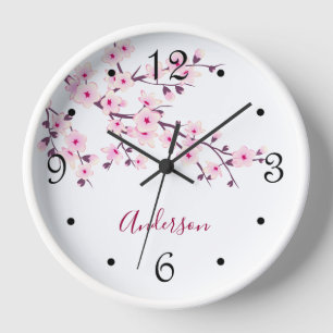 Floral Cherry Blossoms Pink White Family Name Clock