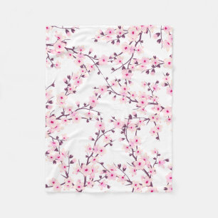 Floral Cherry Blossoms Pink White Fleece Blanket