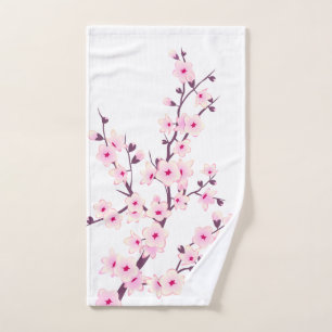 Floral Cherry Blossoms Pink White Hand Towel