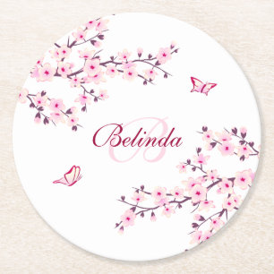 Floral Cherry Blossoms Pink White Monogram Name Ba Round Paper Coaster