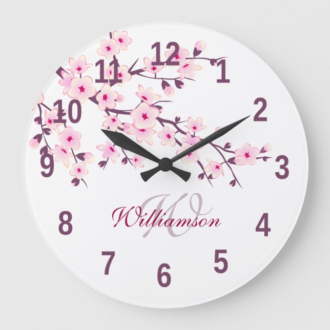 Floral Cherry Blossoms Pink White Monogram Name Large Clock (Front)