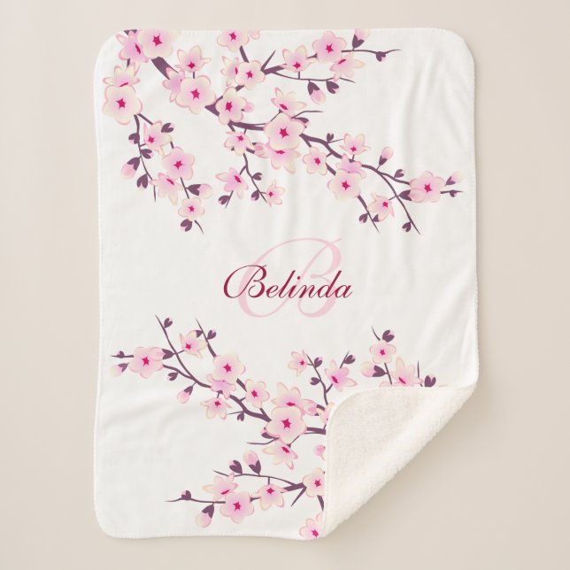 Floral Cherry Blossoms Pink White Monogram Sherpa Blanket (Front)