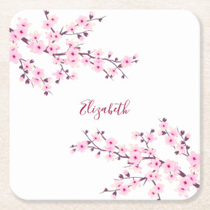 Floral Cherry Blossoms Pink White Monogram  Square Paper Coaster