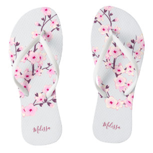 Floral Cherry Blossoms Pink White Monogram Thongs