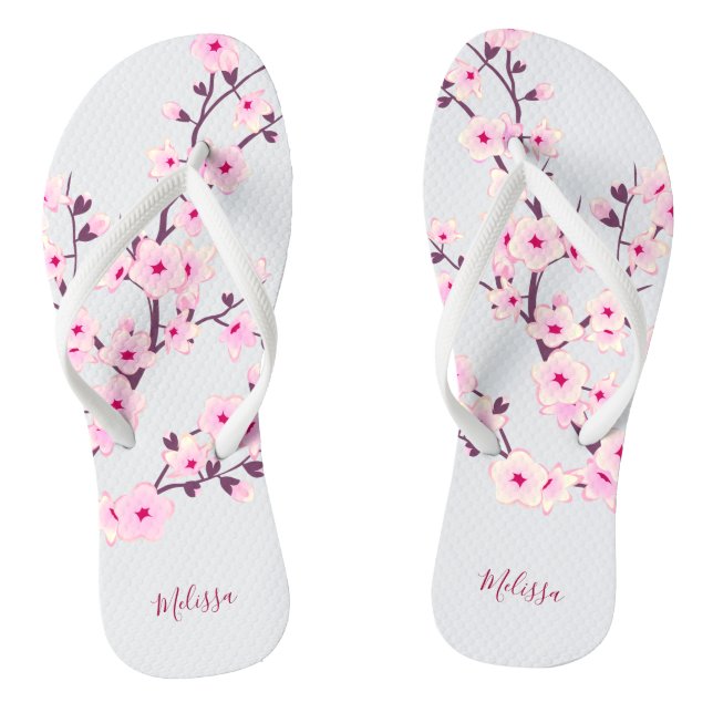 Floral Cherry Blossoms Pink White Monogram Thongs (Footbed)