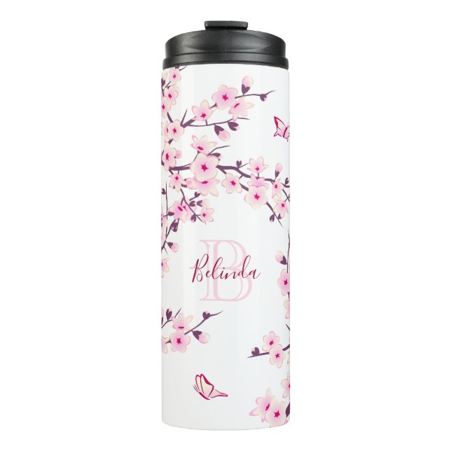 Floral Cherry Blossoms Pink White Name Monogram  Thermal Tumbler (Front)